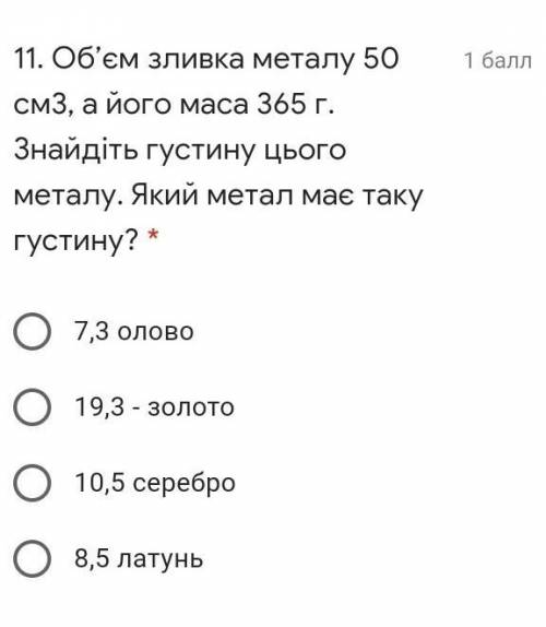 Об’єм зливка металу 50 см3, а його маса 365 г. Знайдіть густину цього металу. Який метал має таку гу