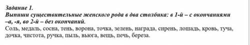 Задание 1. Выпиши существительные женского рода в два столбика: в 1-й – с окончаниями –а, -я, во 2-й