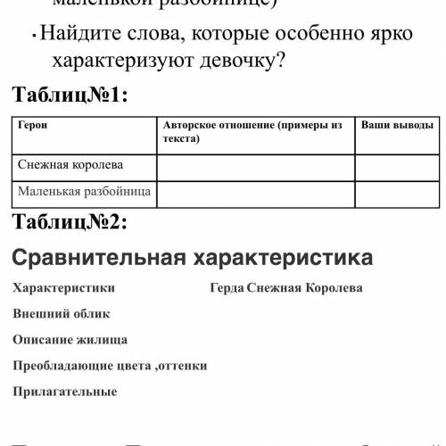 Таблиц№1: Герои Авторское отношение (примеры из текста) Ваши выводы Снежная королева Маленькая разбо