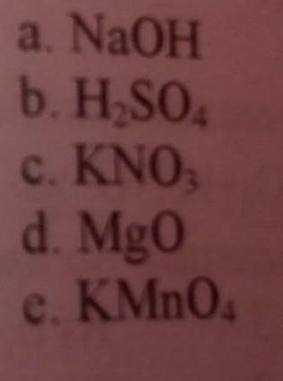 Установите соответствие. 1)оксид. 2)основание3)сольа.NaOHb.H2SO4c.KNO3d.MgOe.KMnO4 реально ​