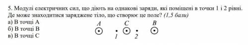 5. Модулі електричних сил, що діють на однакові заряди, які поміщені в точки 1 і 2 рівні. Де може зн