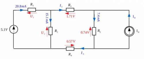 Физика. Электротехника решить задачу Нужно найти: I_3, I_zr, I_5, U_1, U_2, R_1, R_2, R_3, R_4, R_5.