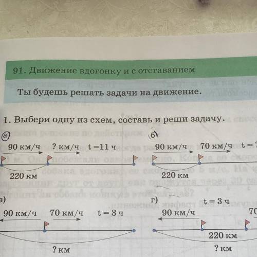 1. Выбери одну из схем, составь и реши задачу. ) 90 км/ч ? км/ч t=11 ч 90 км/ч 70 км/ч t = ? ч 220 к