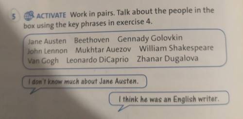 Work in pairs. Talk about the people in the box using the key phrases in exercise 4. Көмектесіңдерші