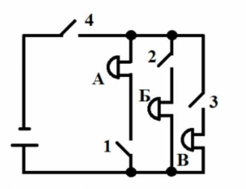 1) При замыкании ключа 4 звонок Б ...не звонит.звонит.2) При замыкании ключа 1 и размыкании ключа 4