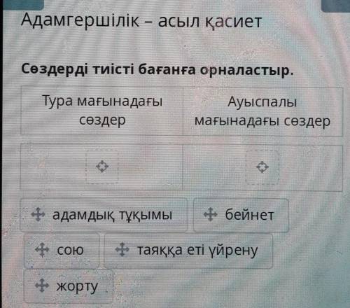 Адамгершілік - асыл қасиет Сөздерді тиісті бағанға орналастыр.Тура мағынадағысөздерАуыспалымағынадағ