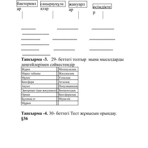 5. Мына мысалдар ұйымдасудың қандай деңгейіне жататы- нын анықта: жүрек марал табыны мұхит инфузория