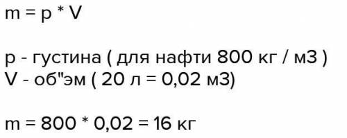 Яка маса гасу в повній каністрі об'ємом 20л? Густина гасу 800кг/м​