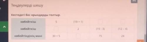 Теңдеулерді шешу Кестедегі бос орындарды толтыр.көбейткіш5(19 + 1)көбейткіш2(15:3)(12 - 4)7530 + 524