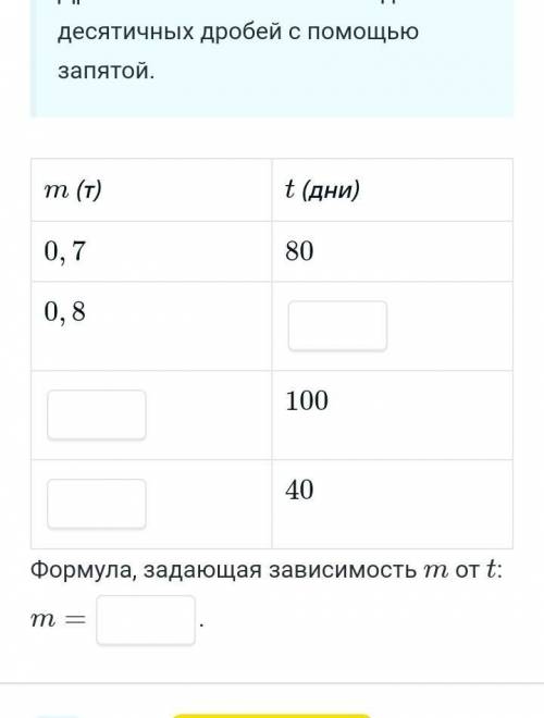 Для отопления дома заготовили 56т угля. Заполни таблицу в первой строке которой ц количество m угля,