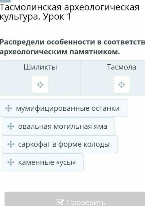 распредели особенности в соответствии с архиологическим памятиком Урок.1 Тасмолинская архиологическа