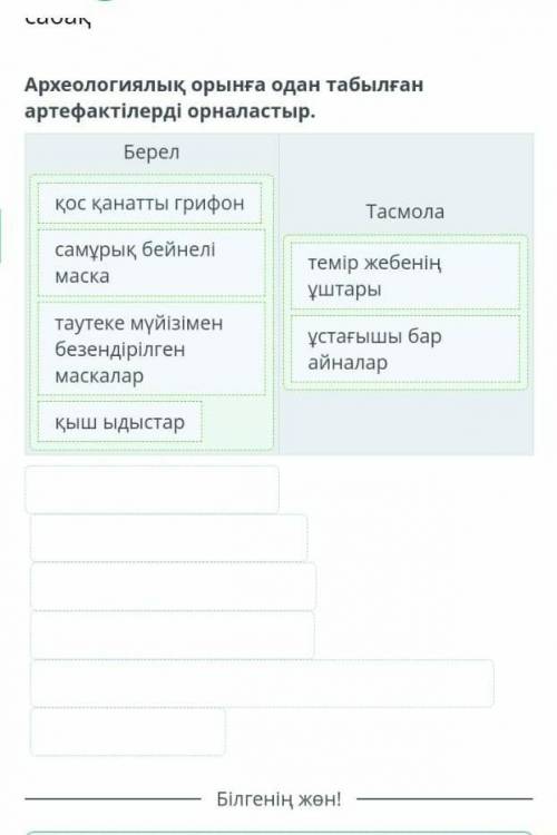 1 асмола археологиялық мәдениеті, 2-сабақ Археологиялық орынға одан табылған артефактілерді орналаст