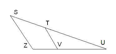 Известно, что ΔVTU подобен ΔZSU и коэффициент подобия k= 0,2. 1. Если US= 3, то UT= . 2. Если UV= 1