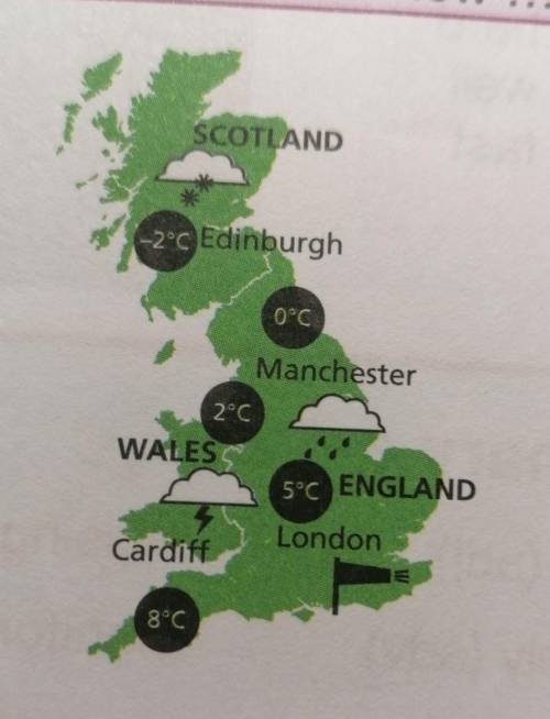 Look at yesterday's weather map and answer the questions. 1 Was it raining in Scotland? 2 What was t