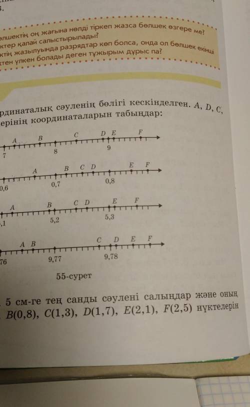 619. Бірлік кесіндісі 5 см-ге тең санды сәулені салыңдар және оның бойынан А(0,4), В(0,8), C(1,3), D