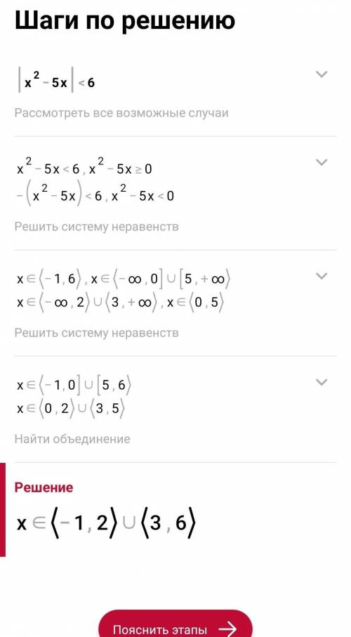 Help...решить неравенство:|х²-5х|<6​