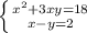 \left \{ {{x^{2} + 3xy=18 } \atop {x-y=2 }} \right.