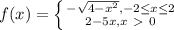 f (x) = \left \{ {{-\sqrt{4-x^{2} } } ,-2\leq x\leq 2 \atop {\\2-5x} ,x\ \textgreater \ 0 } \right