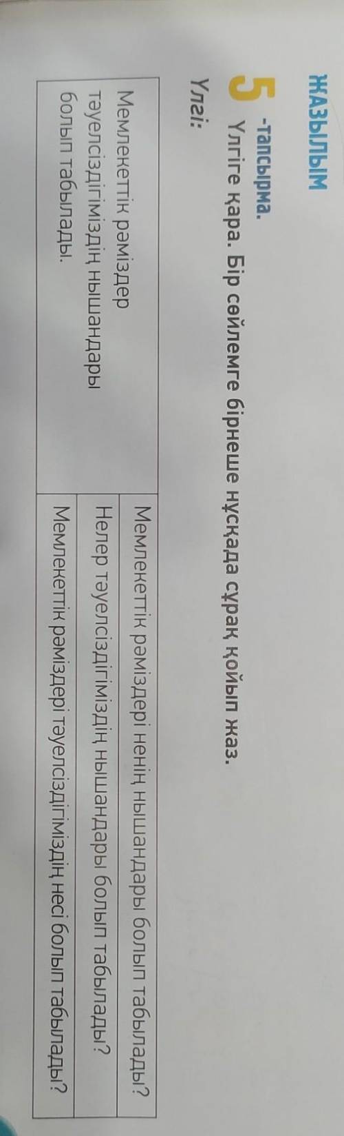 составь по три вопроса каждому предложению. ЖАЗЫЛЫМ 5-тапсырма.Үлгіге қара. Бір сөйлемге бірнеше нұс