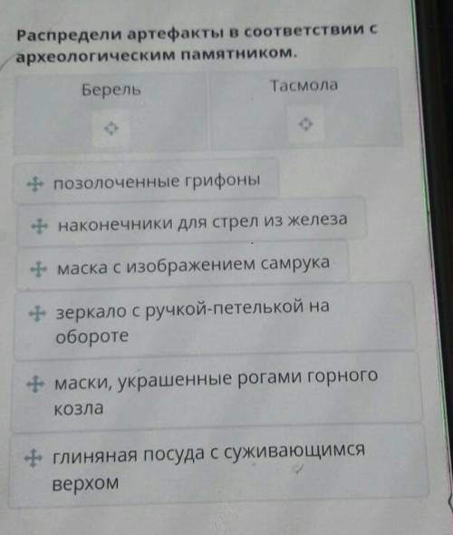 Распредели артефакты в соответствии с археологическим памятником Берель , Тасмола ​