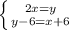 \left \{ {{2x = y} \atop {y - 6 = x + 6}} \right.