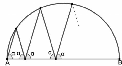ломаная вписана в полуокружность с диаметром АВ. Каждый из углов между звеньями ломанной и диаметром