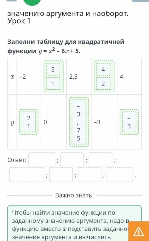 Нахождение значения функции по значению аргумента и наоборот.Урок 1Заполни таблицу для квадратичнойф