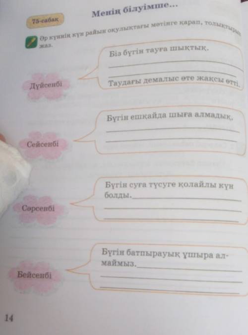 Әр күннің күн райын оқулықтағы мәтінге қарап, топстырып КОМенің білуімше...75-сабақжаз.Біз бүгін тау