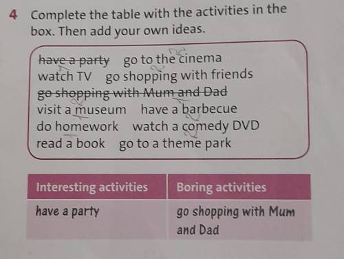 4 Complete the table with the activities in the box. Then add your own ideas.have a party go to the