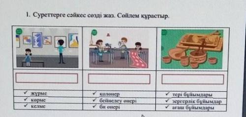 1. Суреттерге сәйкес сөзді жаз. Сөйлем құрастыр.✓ жүрме ✓ қолөнер ✓ тері бұйымдары ✓ көрме ✓ бейнеле