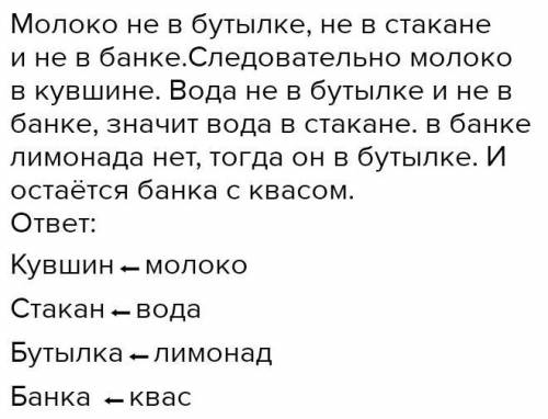 В бутылке, в чашке, в кувшине и в банке находятся молоко, лимонад, кефир и вода. Известно, что вода