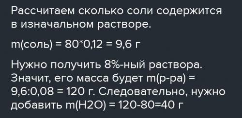 Сколько миллилитров воды нужно прилить к 80 г 12%-ного раствора, чтобы он стал 8%-ным?