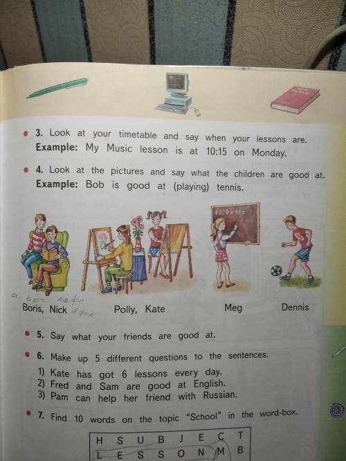 Look at the pictures and say what the children are good at. Example:Bob is good at (playing) tennis4