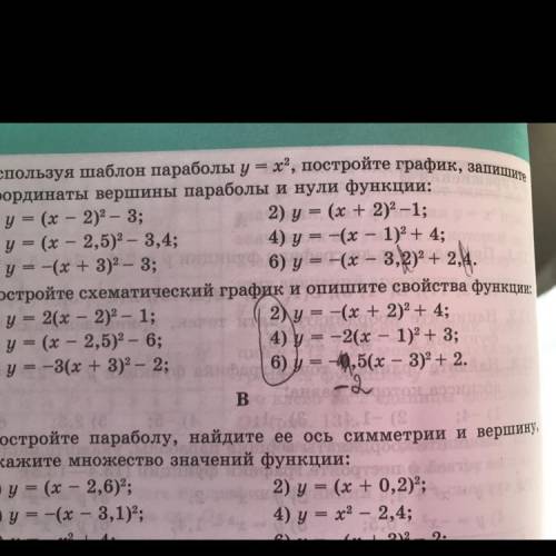 График и опишите свойства функции: 2) у = -(х + 2)2 + 4; 4) у = -2(x — 1)2 + 3; 6) y = -0,5(x — 3)2