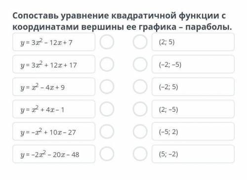 Сопоставь уравнения квадратичной функции с координатами вершины ее графика — параболы.​