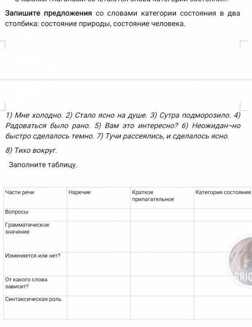 Запишите предложения со словами категории состояния в два столбика: состояние природы, состояние чел