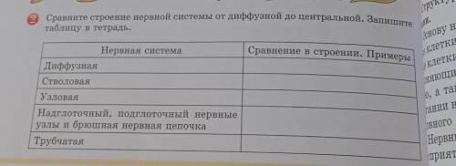 Сравните строение нервной системы от диффузной до центральной. Запишите таблицу в тетрадь ​