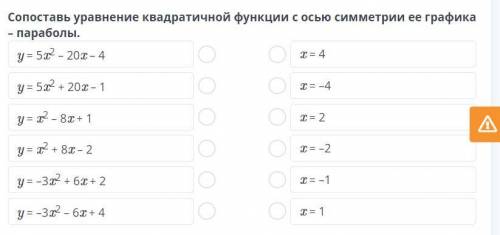 Сопоставь уравнение квадратичной функции с осью симметрии ее графика - параболы.