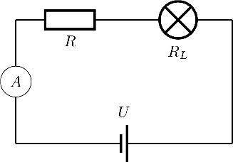 Электрическую лампу сопротивлением RL=10 Ом, резистор сопротивлением R и амперметр включили в сеть с