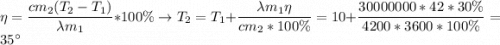 \eta = \dfrac{cm_2(T_2 - T_1)}{\lambda m_1} * 100\% \to T_2 = T_1 + \dfrac {\lambda m_1\eta}{cm_2* 100\%} = 10 + \dfrac{30 000 000 * 42* 30\%}{4200 * 3600 * 100\%} = 35^\circ