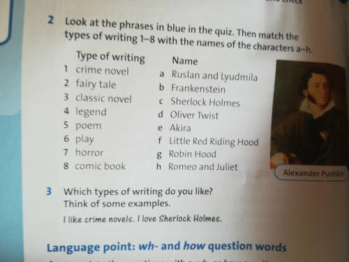 Look at the phrases in blue in the quiz.Then match the types of writing 1-8 with the names of the ch