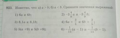 923. Известно, что: а) а > b; б) а <b. Сравните значения выражений, 2) -заи-зь;1) ба и 6b;33)