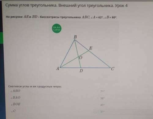 На рисунке AE и BD- биссектрисы треугольника ABC, ZA = 62°, B = 80°.​