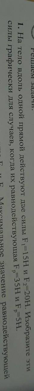1. На тело вдоль одной прямой действуют две силы F=15H и F=20н. Изобразите эти силы графически для с