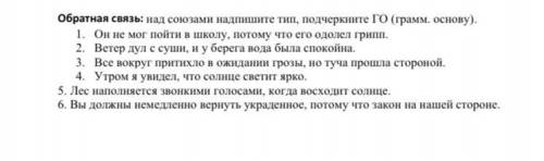 Обратная связь: над союзами надпишите тип, подчеркните ГО (грамм. основу). 1. Он не мог пойти в школ