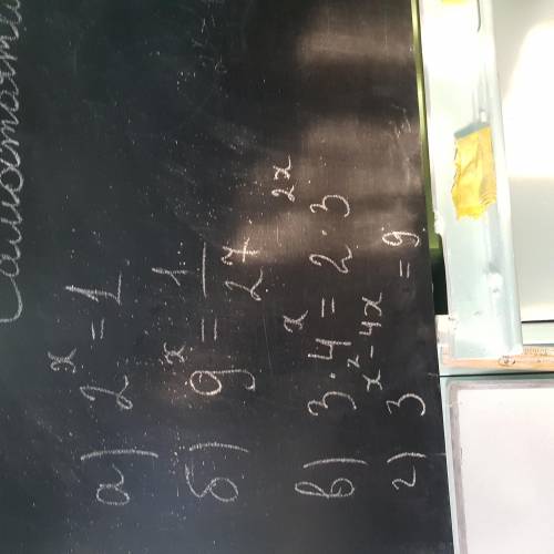 1. 2^x=1 2. 9^x=1/27 3. 3*4^x=2*3^2x 4. 3^x^2-4x=9