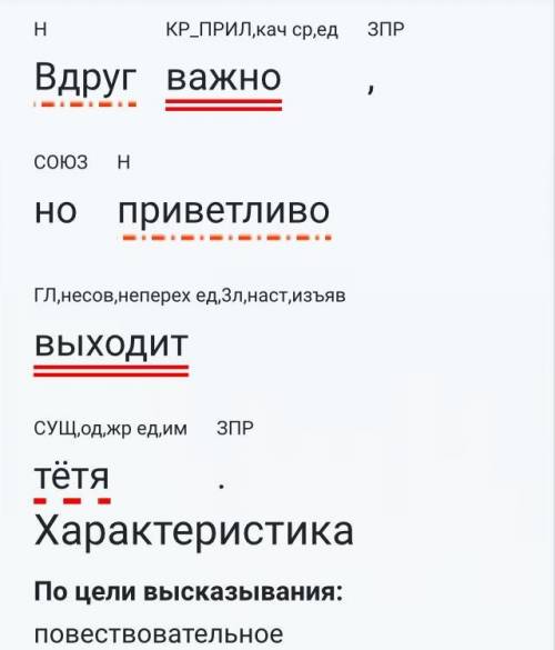 Синтаксический разбор предложения: Вдруг важно, но приветливо выходит тётя.