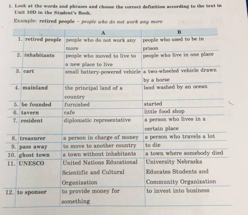 1. Look at the words and phrases and choose the correct definition according to the text in Unit 100