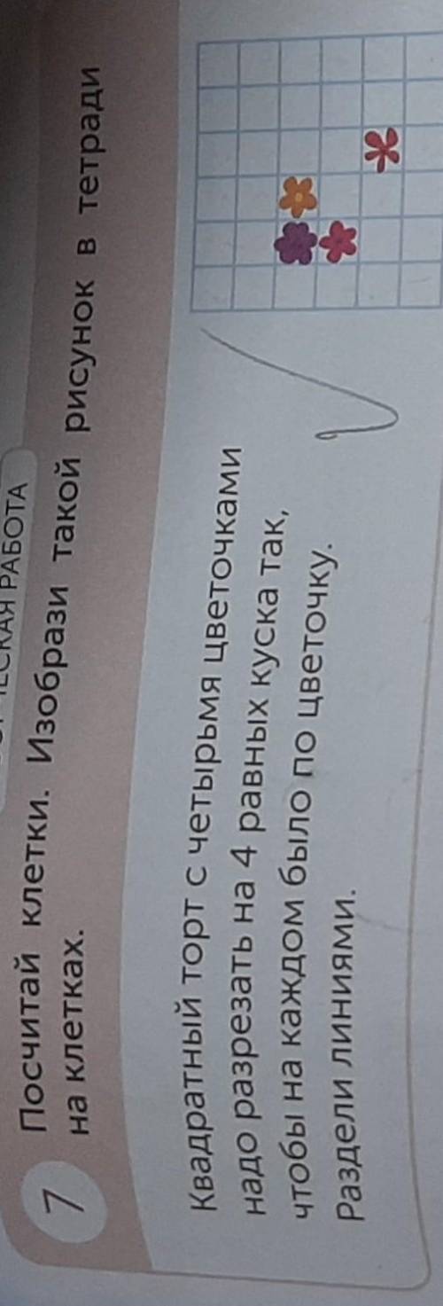 ТВОРЧЕСКАЯ РАБОТА Посчитай клетки. Изобрази такой рисунок в тетради7на клетках,Квадратный торт с чет