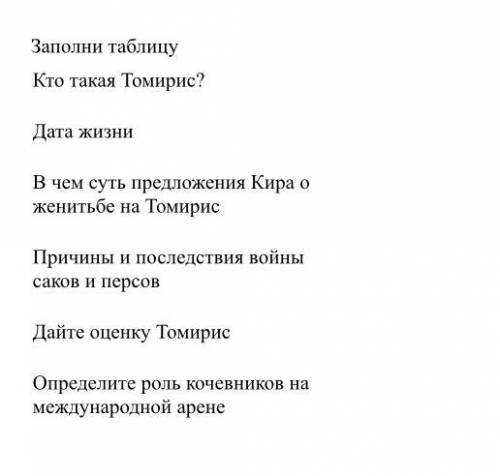 Заполни таблицу Кто такая Томирис? Дата жизни В чем суть предложения Кира о женитьбе на Томирис Прич